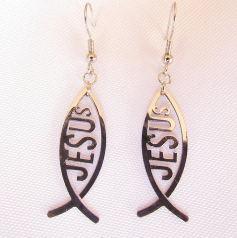 silver jesus fish earrings greek ichthus high gloss hand polished hypoallergenic waterproof stainless steel ichthus
