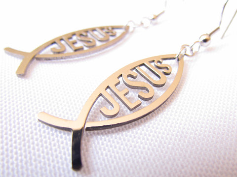 silver jesus fish earrings greek ichthus high gloss hand polished hypoallergenic waterproof stainless steel ichthus