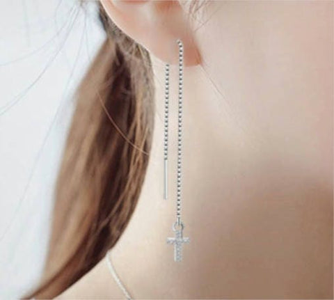 Silver Chain Cross Earrings Modern Small Long Drop Dangle Design for Women Girls Cross of Jesus Christian Jewelry jewellery