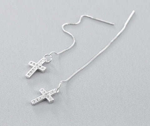 Silver Chain Cross Earrings Modern Small Long Drop Dangle Design for Women Girls Cross of Jesus Christian Jewelry jewellery