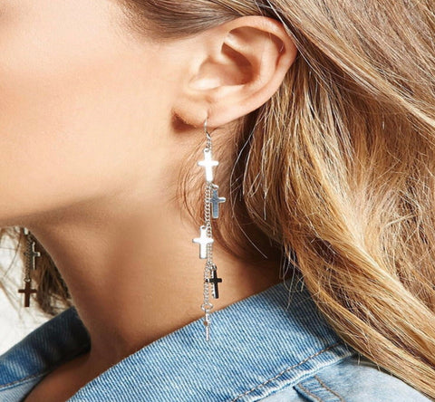 Silver Multi 5 Cross Earrings Boho Silver Chain Hippie Dangle Wedding Sideways Cross of Jesus Jewelry for Woman Jewellery for Girls