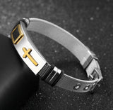 Silver mesh cross bracelet gold raised cross black for men bangle stainless steel engraved cuff heavy design christian jewelry jewellery