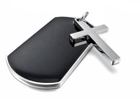 Cross necklace black dog tag super thick with chain heavy stainless steel prayer pendant mens hip hop boys christian jewelry