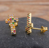 Multi Color CZ Gold Cross Earrings Weddings Bridesmaid Rainbow Stud Crosses for Women Girls jewellery jewelry
