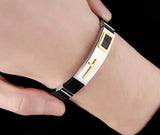 Silver mesh cross bracelet gold raised cross black for men bangle stainless steel engraved cuff heavy design christian jewelry jewellery