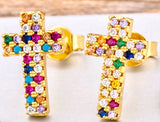 Multi Color CZ Gold Cross Earrings Weddings Bridesmaid Rainbow Stud Crosses for Women Girls jewellery jewelry