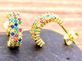 Multi color CZ gold hoop cuff earrings for weddings bridesmaid stud inlay for women girls rainbow colors jewellery jewelry
