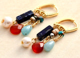 Natural gemstone 3 row hoop and tassel earrings amazonite, agate, jasper, pearl, drop dangle bohemian boho hippie woman hand assembled