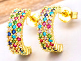 Multi color CZ gold hoop cuff earrings for weddings bridesmaid stud inlay for women girls rainbow colors jewellery jewelry