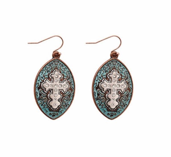 Turquoise Teardrop Cross Earrings Copper Western Drop Dangle Jesus Crucifix Drop Womans Christian Jewelry Girls Turquoise Jewellery
