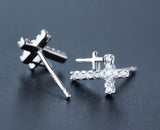 Silver Double Cross Earrings Solid Sterling S925 2 Crosses of Calvary CZ for Woman Zircon Jewelry