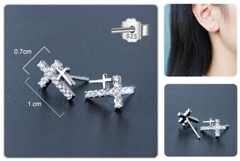 Silver Double Cross Earrings Solid Sterling S925 2 Crosses of Calvary CZ for Woman Zircon Jewelry