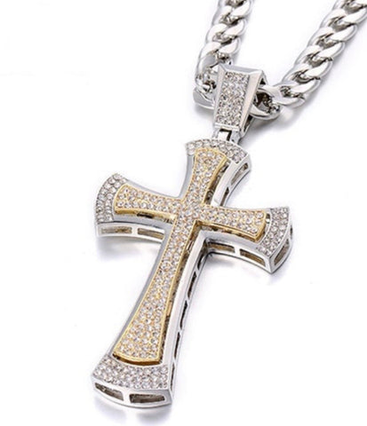 Curved Iced Out Silver Cross Necklace for Men Swag Silver Gold CZ Heavy Stainless Steel Thick Curb Chain Jewelry Iced Out Rapper (Copy)