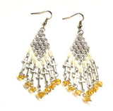 Silver 7 Cross Earrings Pearl and Dark Yellow Glass Iridescent Dichromatic Bohemian Boho Tassel Cross Dangle Hippie Woman Girls Drop Jewelry