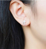 Silver Double Cross Earrings Solid Sterling S925 2 Crosses of Calvary CZ for Woman Zircon Jewelry
