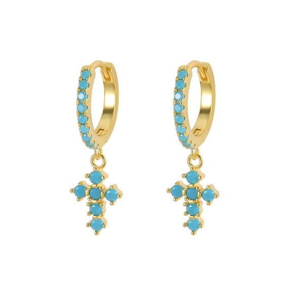 Turquoise Cross Hoop Earrings Gold over Solid Sterling Silver Classic Western Style Crosses of Jesus Jewelry Modern Wedding Woman