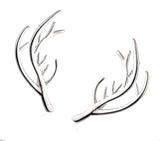 Silver Elk Deer Antlers Earrings Sideways Stud Hikers Wanderlust Bikers Minimalist Stainless Steel Hypoallergenic Outdoor Enthusiasts