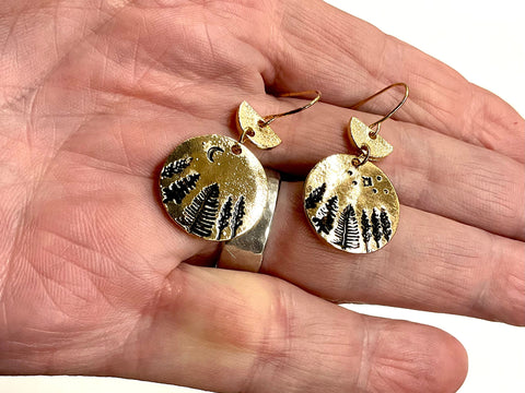 Mountain Moon and Star Earrings pine tree jewelry Hikers Wanderlust Bikers Minimalist Jewelry Set for Woman