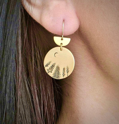 Mountain Moon and Star Earrings pine tree jewelry Hikers Wanderlust Bikers Minimalist Jewelry Set for Woman