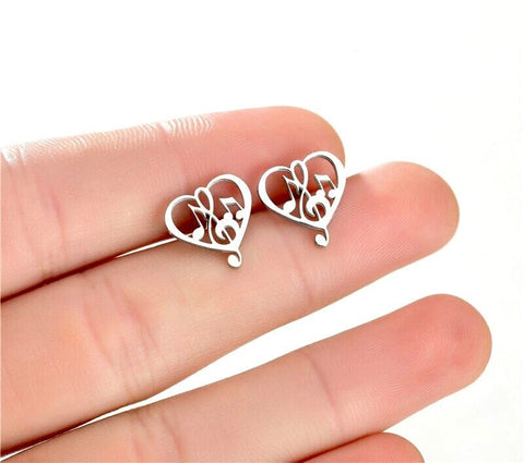 Silver Heart Music Note Stud Earrings music aficionado band member music teacher Womans Girls Hypoallergenic Waterproof Stainless Steel