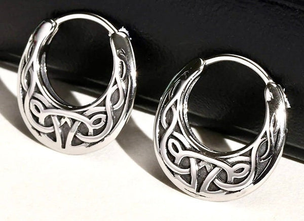 Mens celtic huggie hoop earrings womens irish knot triquetra claddaghs viking valknut scottish waterproof hypoallergenic stainless steel
