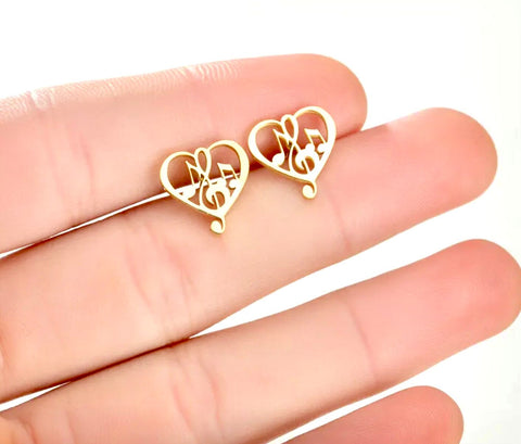 Silver Heart Music Note Stud Earrings music aficionado band member music teacher Womans Girls Hypoallergenic Waterproof Stainless Steel