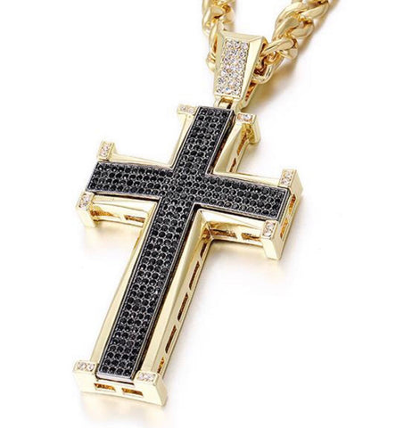 Large Bling Crucifix Cross Squared Edges Necklace for Men Swag Silver Gold Black CZ Heavy Stainless Thick Curb Chain Jewelry Jewellery Iced Out Rapper