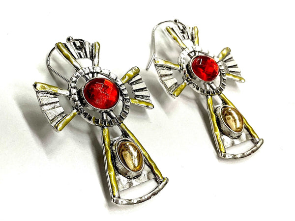 Cross Earrings with Red and Yellow stones in a Drop Dangle Gypsey Hippie Design Natural Silver Gold Boho Elegant Womens Girls jewelry jesus