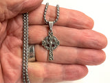 Small Silver Cross Necklace Celtic Irish Knot Crucifix Waterproof Hypoallergenic Thick Large Cross Vintage Filigree Viking Heavy Braided Chain