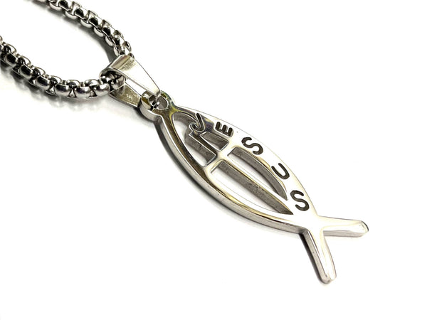 Jesus Fish and Cross Necklace Silver and Gold Medallion with Stainless Steel Heavy Box Chain and Cross of Jesus