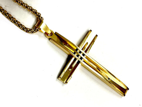 Large 3 Cross Crucifix Necklace Modern Sleek Design Cuban Chain All Gold Waterproof Stainless Steel hip hop Jewelry Jesus