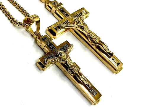 Large gothic cross crucifix necklace all gold and black orthodox waterproof jewelry heavy stainless steel INRI hip hop chain catholic