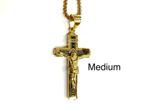 Large gothic cross crucifix necklace all gold and black orthodox waterproof jewelry heavy stainless steel INRI hip hop chain catholic