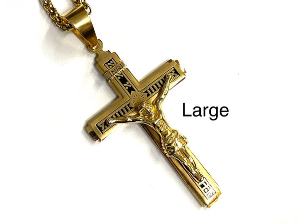 Large gothic cross crucifix necklace all gold and black orthodox waterproof jewelry heavy stainless steel INRI hip hop chain catholic