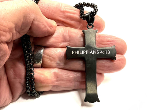 Large I can do all things Cross Waterproof Necklace Philippians 4:13 through Christ who strengthens me Pendant for men Stainless Steel