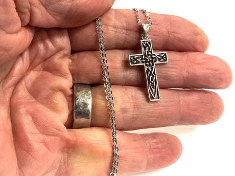 Irish Celtic Pure Solid Sterling Silver Cross Necklace S925 Pendant for Women Cast Jewelry