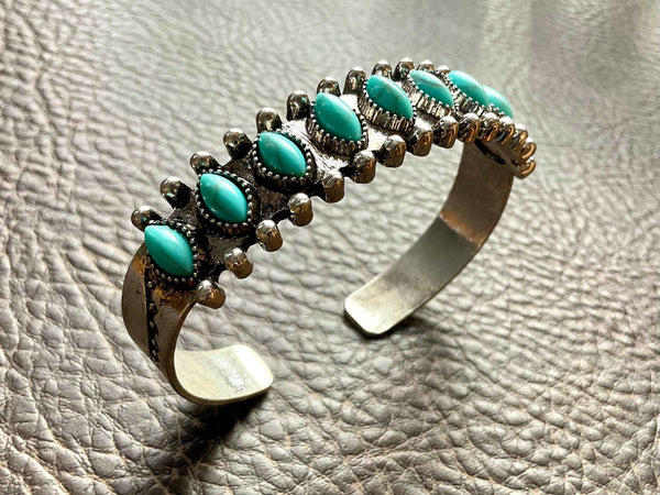 Light weight silver multi row turquoise stone bracelet with bohemian trim large bangle cuff jewelry