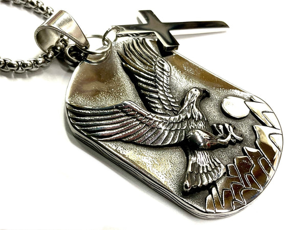 Western Eagle Mountain Dog Tag Cross Pendant Detail Engraved Waterproof Necklace Jesus Biker Men Christian Jewelry