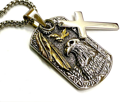 Western Eagle Feather Dog Tag Cross Pendant Detail Engraved Necklace Cross Jesus Biker Men Christian