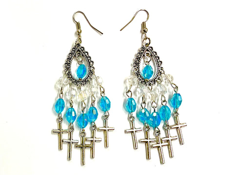 Silver 5 Cross Earrings blue Iridescent Dichromatic Glass Bohemian Boho Tassel Dangle Hippie Hand Assembled Drop Jewelry