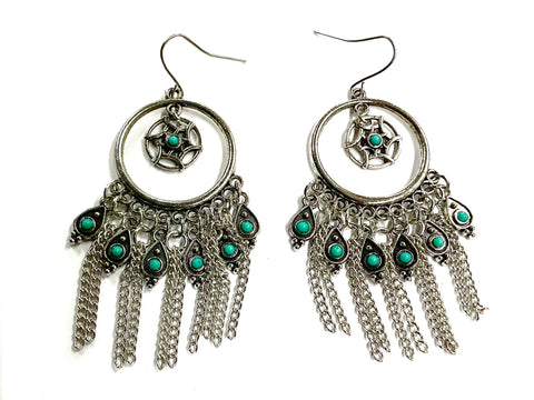 Silver 10 Tassel Dream Catcher Earrings Turquoise Bohemian Boho Tassel Dangle Hippie Hand Assembled Drop Jewelry