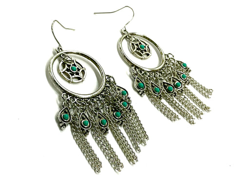 Silver 10 Tassel Dream Catcher Earrings Turquoise Bohemian Boho Tassel Dangle Hippie Hand Assembled Drop Jewelry