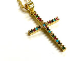 Slender Gold Multi Color CZ Cross Necklace Weddings Bridesmaid Rainbow Crosses for Women and Girls