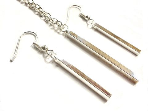 Set - Pillar Vertical Bar Earring and Necklace Set Square Bar Earrings Bar necklace Sterling Silver Bar Necklace