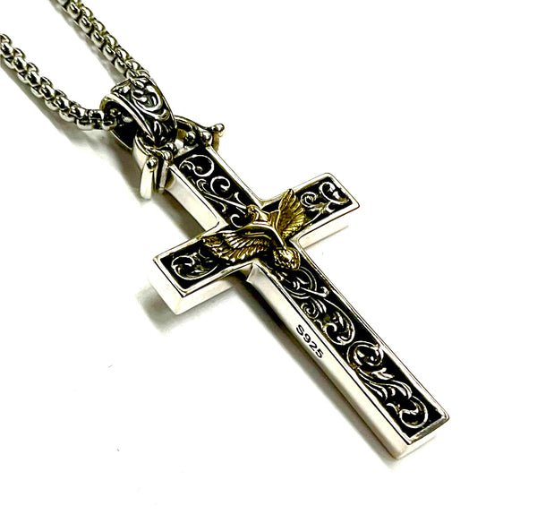 Solid Sterling Silver Golden Eagle Cross Necklace Antiqued Western S925 Pendant for Men