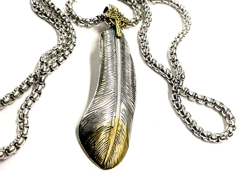 Solid Sterling Silver Cross and Eagle Feather Necklace with Detailed Engraving