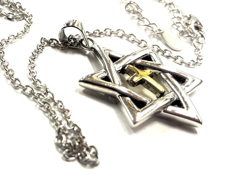 Sterling silver messianic star of david necklace with gold inlayed gold cross at the center crucifix seal of solomon