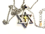 Sterling silver messianic star of david necklace with gold inlayed gold cross at the center crucifix seal of solomon