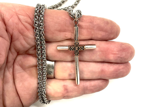 Thick Solid Sterling Silver Cross Pure 925 Inlaid with Copper Accent Necklace for Men Old World Silver Necklace Cross Super Box Chain Jesus