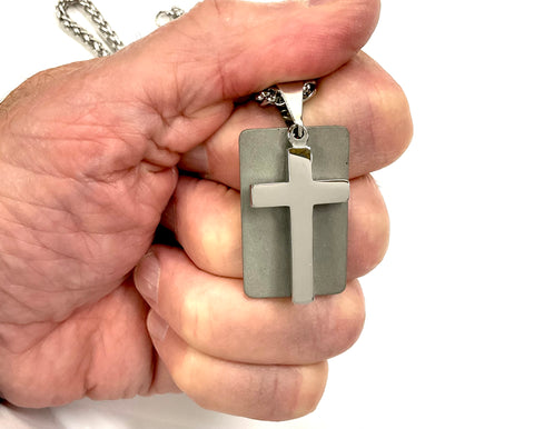 Silver Hand Made Cross Necklace Men Two Piece Dog Tag Handmade Custom Personalized Waterproof Stainless Steel Jesus Jewelry
